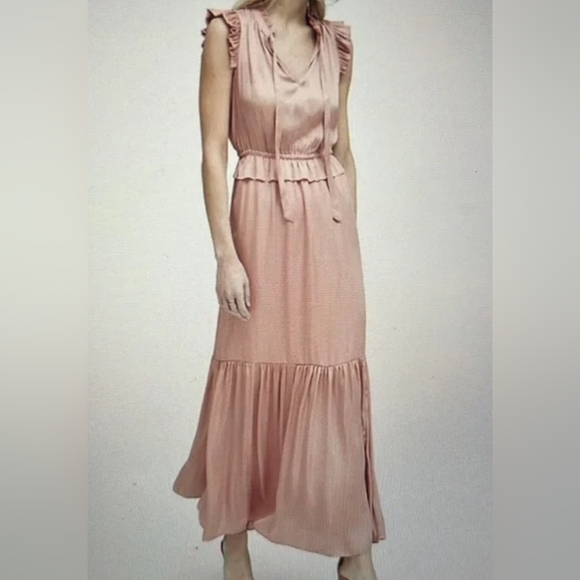 Banana Republic Soft Satin Blush Pink Sleeveless Ruffle Maxi Dress Size 8 - Picture 3 of 15